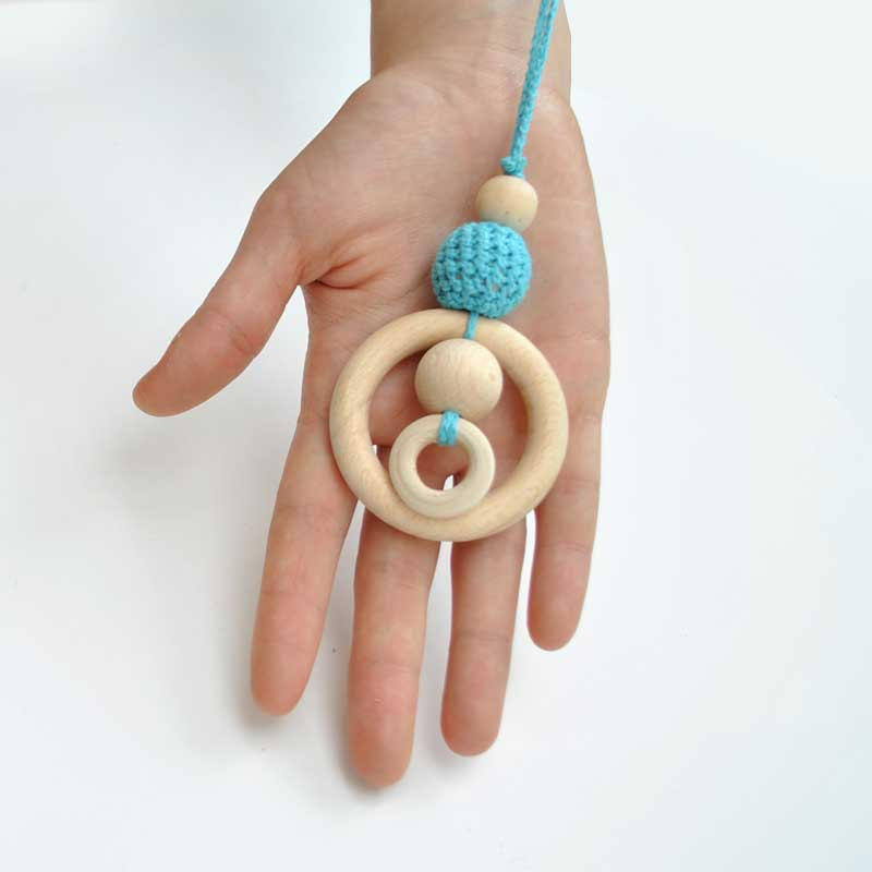 Wooden Crochet teething necklace  for baby and mom - ring and blue mint turquoise bead. crochet Teet