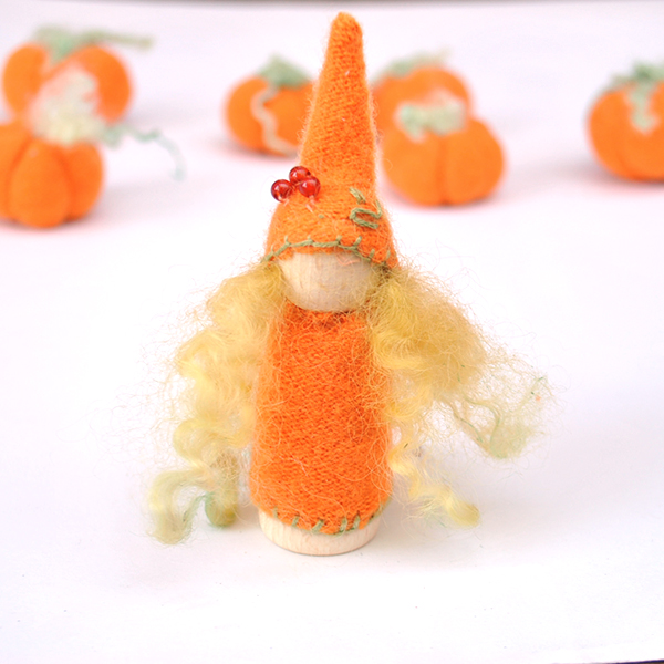 pumpkin gnome from wool and wood orange yellow