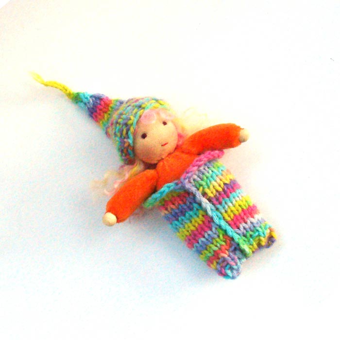 pocket Waldorf doll Elf 5 inch, body orange veluor and rainbow cocoon and hat